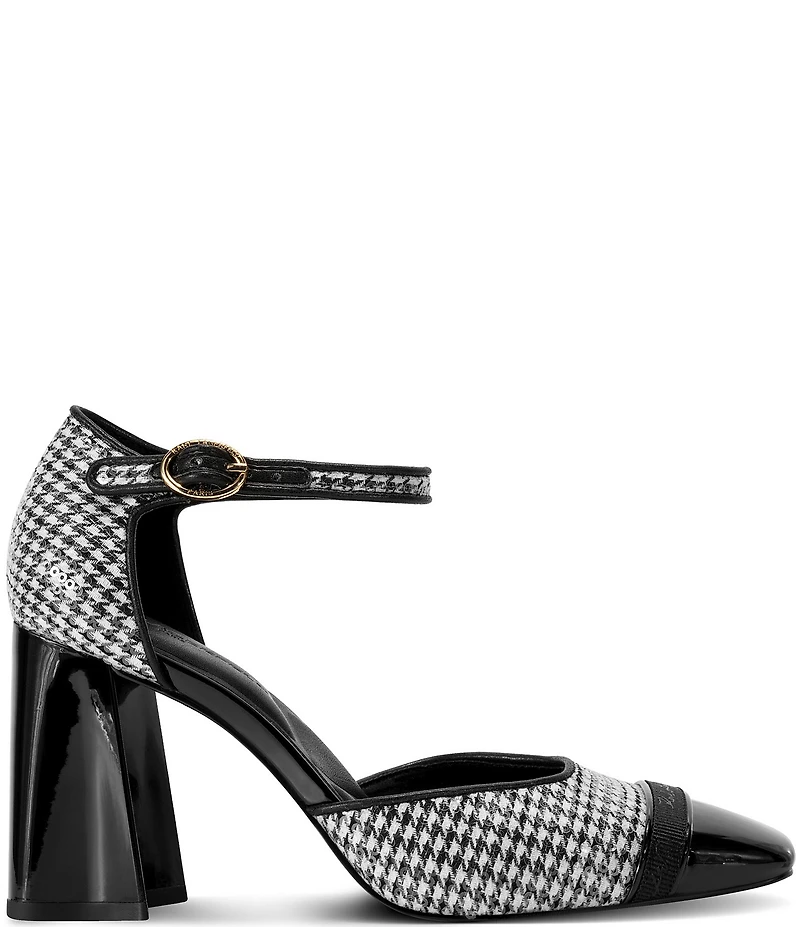 KARL LAGERFELD PARIS Sapphira Sequin Houndstooth Block Heel Ankle Wrap Pumps
