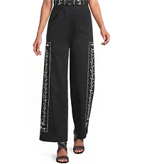 KARL LAGERFELD PARIS Sateen Embroidered Coordinating Wide Leg Pant