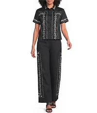 KARL LAGERFELD PARIS Sateen Embroidered Coordinating Wide Leg Pant