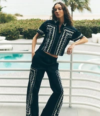 KARL LAGERFELD PARIS Sateen Embroidered Coordinating Wide Leg Pant