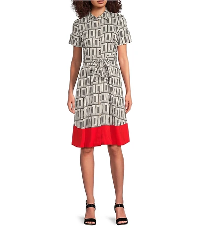 KARL LAGERFELD PARIS Sateen Geo Print Point Collar Short Sleeve Midi A-Line Dress
