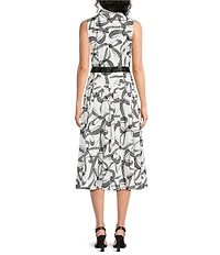 KARL LAGERFELD PARIS Sateen Print Band Collar Sleeveless Midi Length Belted Shirt Dress