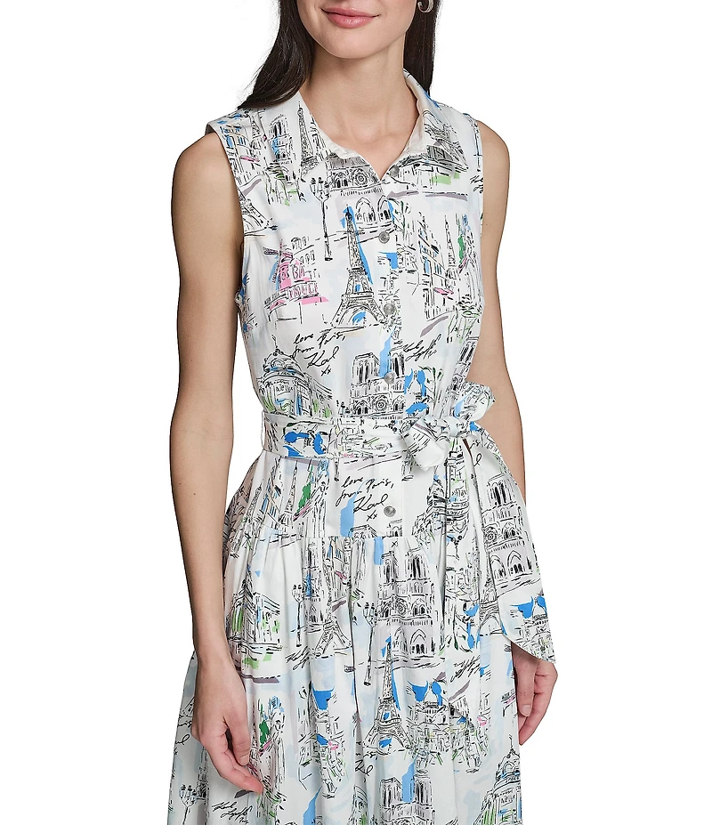 KARL LAGERFELD PARIS Sateen Print Point Collar Sleeveless Sheath Dress