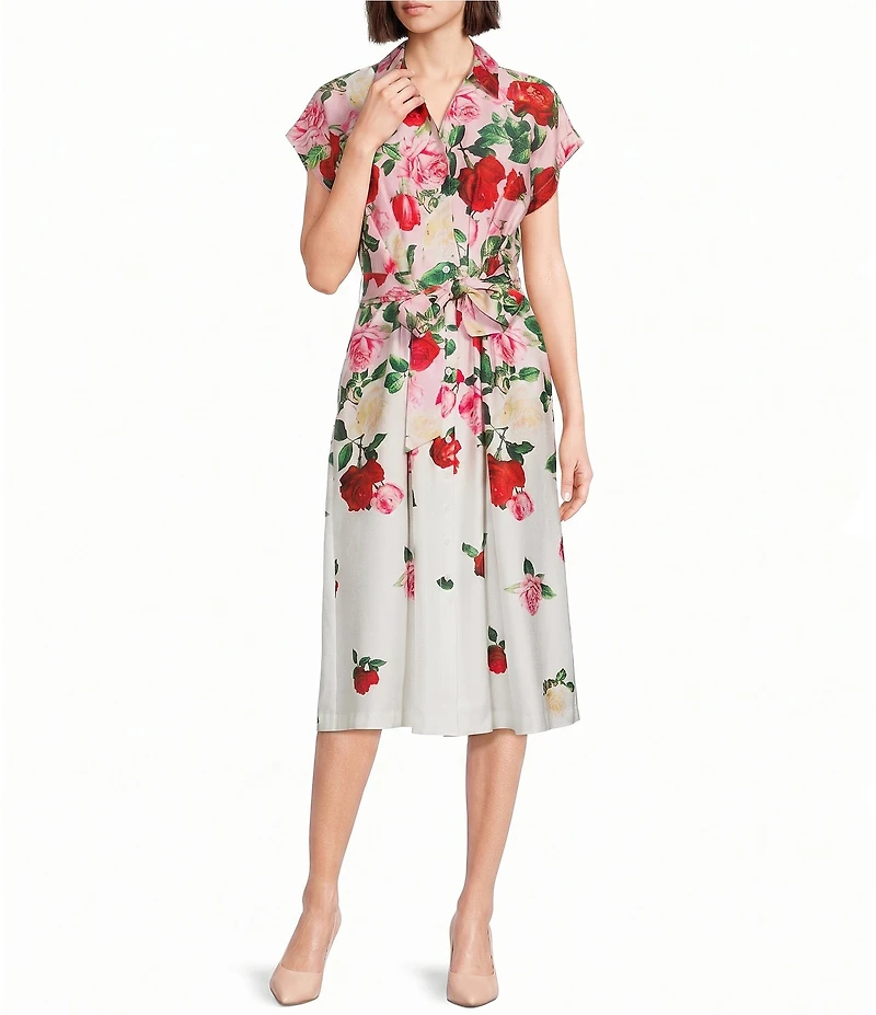 KARL LAGERFELD PARIS Sateen Print Spread Collar Short Sleeve Shirt Dress