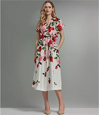 KARL LAGERFELD PARIS Sateen Print Spread Collar Short Sleeve Shirt Dress