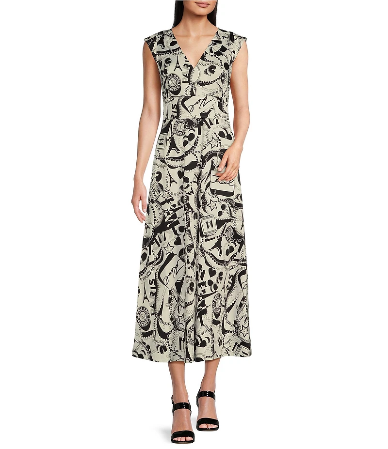 KARL LAGERFELD PARIS Sateen Printed V-Neck Sleeveless A-Line Midi Dress