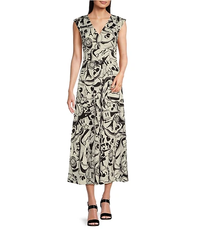 KARL LAGERFELD PARIS Sateen Printed V-Neck Sleeveless A-Line Midi Dress