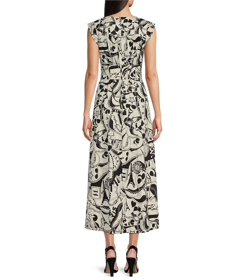 KARL LAGERFELD PARIS Sateen Printed V-Neck Sleeveless A-Line Midi Dress