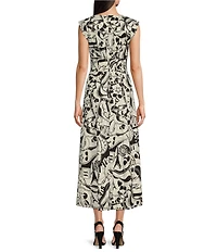 KARL LAGERFELD PARIS Sateen Printed V-Neck Sleeveless A-Line Midi Dress