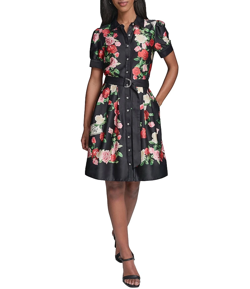 KARL LAGERFELD PARIS Satin Back Crepe Floral Print Point Collar Short Sleeve Dress
