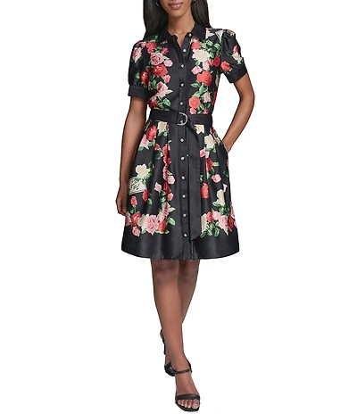 KARL LAGERFELD PARIS Satin Back Crepe Floral Print Point Collar Short Sleeve Dress