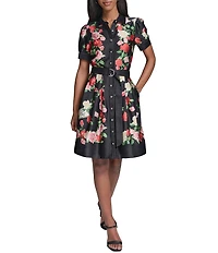KARL LAGERFELD PARIS Satin Back Crepe Floral Print Point Collar Short Sleeve Dress