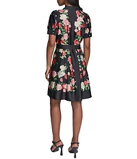 KARL LAGERFELD PARIS Satin Back Crepe Floral Print Point Collar Short Sleeve Dress