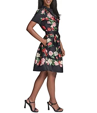 KARL LAGERFELD PARIS Satin Back Crepe Floral Print Point Collar Short Sleeve Dress