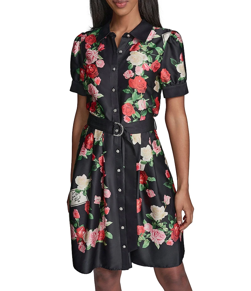 KARL LAGERFELD PARIS Satin Back Crepe Floral Print Point Collar Short Sleeve Dress