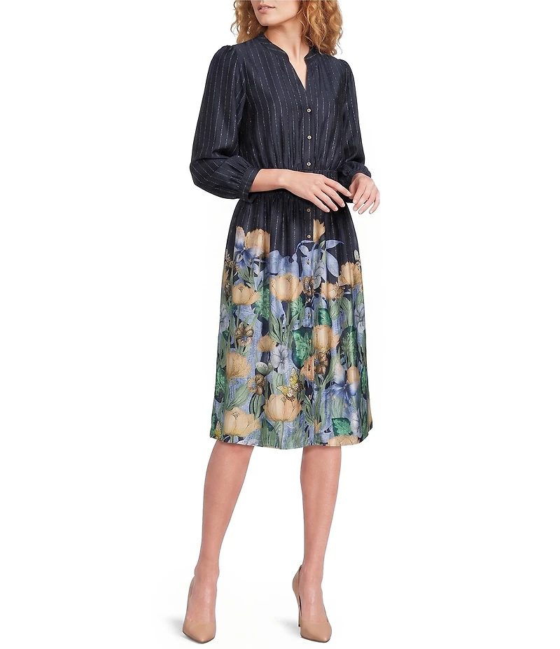 KARL LAGERFELD PARIS Satin Back Crepe Floral Print V-Neck 3/4 Sleeve A-Line Dress