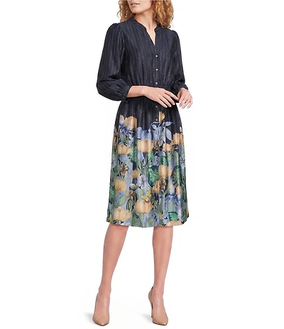KARL LAGERFELD PARIS Satin Back Crepe Floral Print V-Neck 3/4 Sleeve A-Line Dress