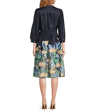 KARL LAGERFELD PARIS Satin Back Crepe Floral Print V-Neck 3/4 Sleeve A-Line Dress