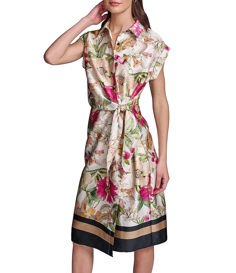 KARL LAGERFELD PARIS Satin Back Crepe Front All Over Floral Point Collar Short Sleeve Side Tie Shirt Dress