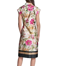 KARL LAGERFELD PARIS Satin Back Crepe Front All Over Floral Point Collar Short Sleeve Side Tie Shirt Dress