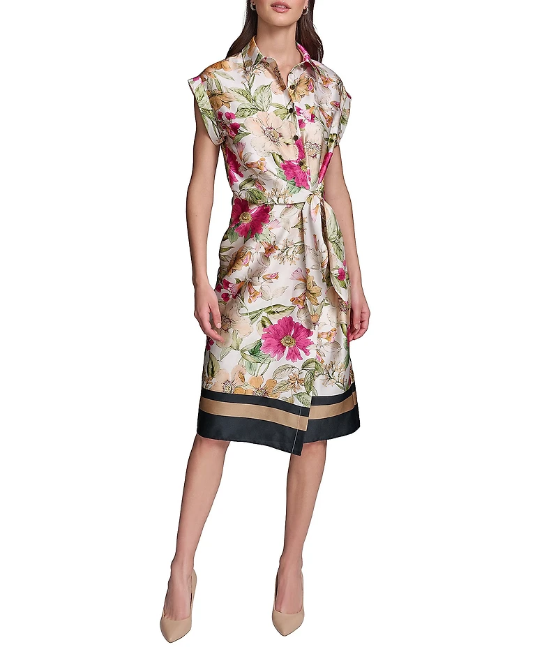 KARL LAGERFELD PARIS Satin Back Crepe Front All Over Floral Point Collar Short Sleeve Side Tie Shirt Dress