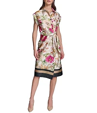 KARL LAGERFELD PARIS Satin Back Crepe Front All Over Floral Point Collar Short Sleeve Side Tie Shirt Dress