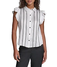KARL LAGERFELD PARIS Satin Back Crepe Front Point Collar Flutter Sleeve Tank Top