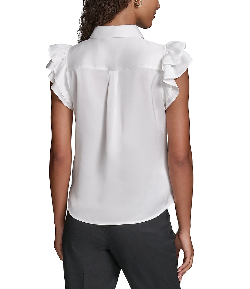 KARL LAGERFELD PARIS Satin Back Crepe Front Point Collar Flutter Sleeve Tank Top