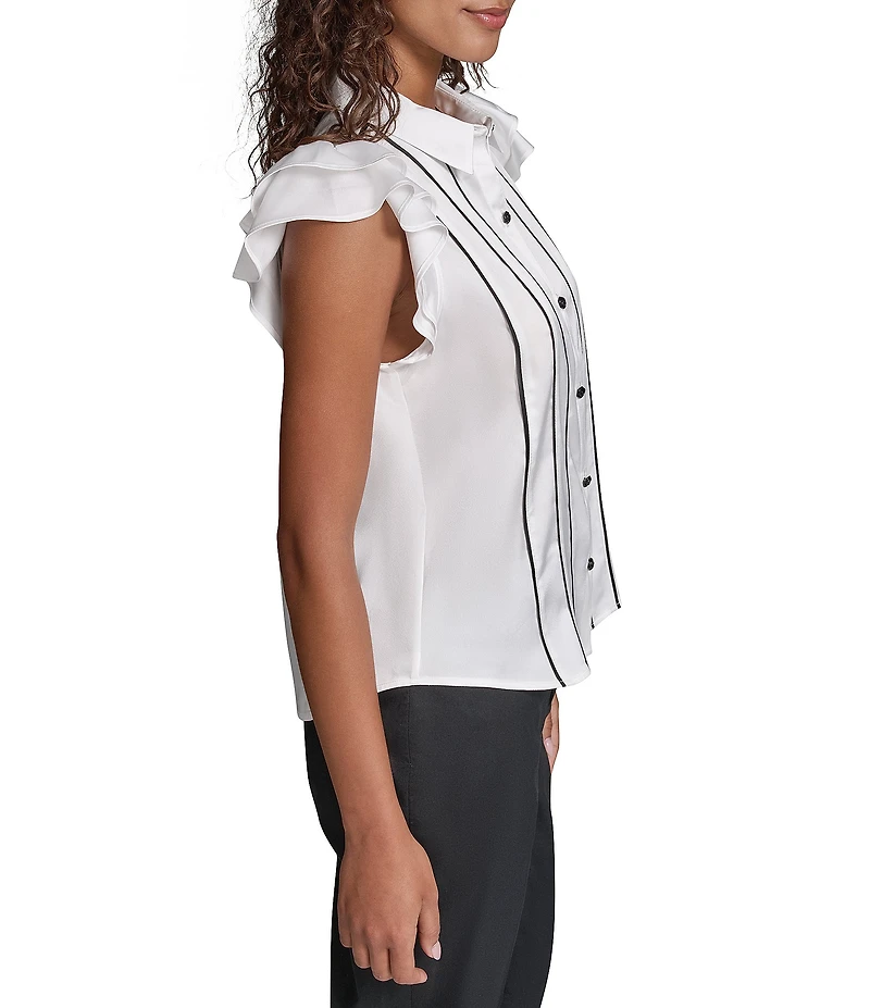 KARL LAGERFELD PARIS Satin Back Crepe Front Point Collar Flutter Sleeve Tank Top