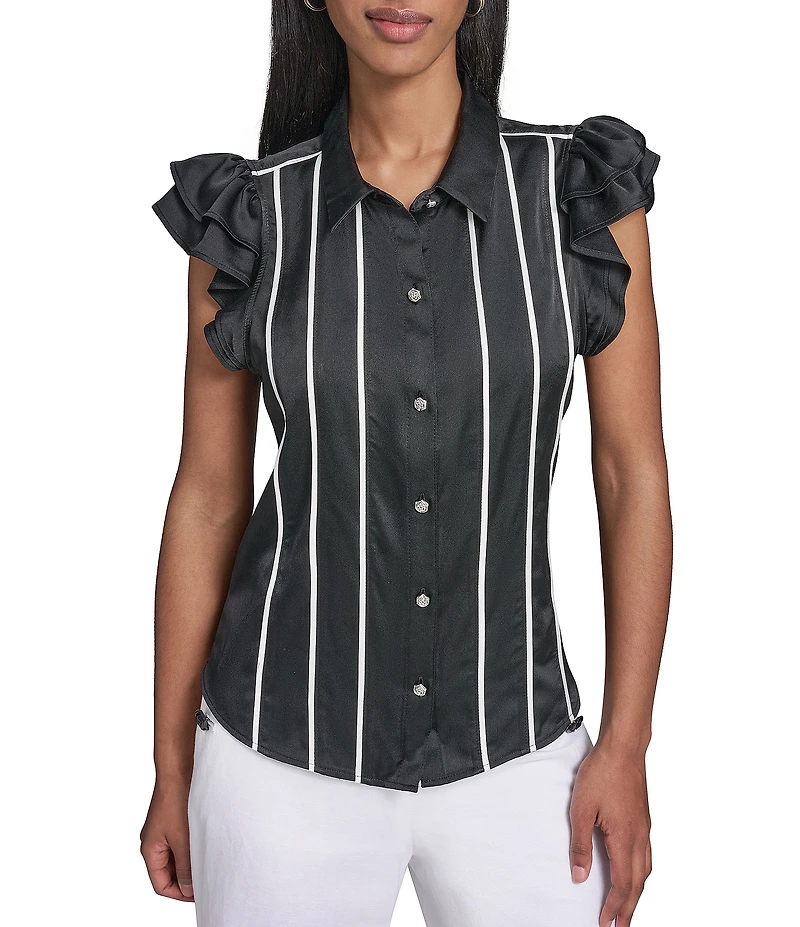 KARL LAGERFELD PARIS Satin Back Crepe Front Point Collar Flutter Sleeve Tank Top