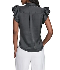 KARL LAGERFELD PARIS Satin Back Crepe Front Point Collar Flutter Sleeve Tank Top