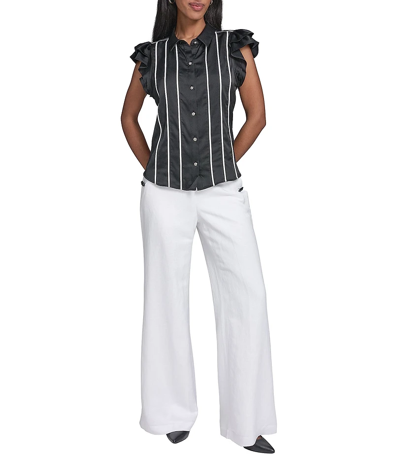 KARL LAGERFELD PARIS Satin Back Crepe Front Point Collar Flutter Sleeve Tank Top