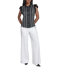 KARL LAGERFELD PARIS Satin Back Crepe Front Point Collar Flutter Sleeve Tank Top