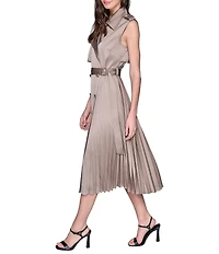 KARL LAGERFELD PARIS Satin Back Crepe Notch Collar Belted Pleated Shirt Midi Dress