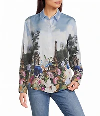 KARL LAGERFELD PARIS Satin Back Crepe Scenic Print Point Collar Long Sleeve Shirt