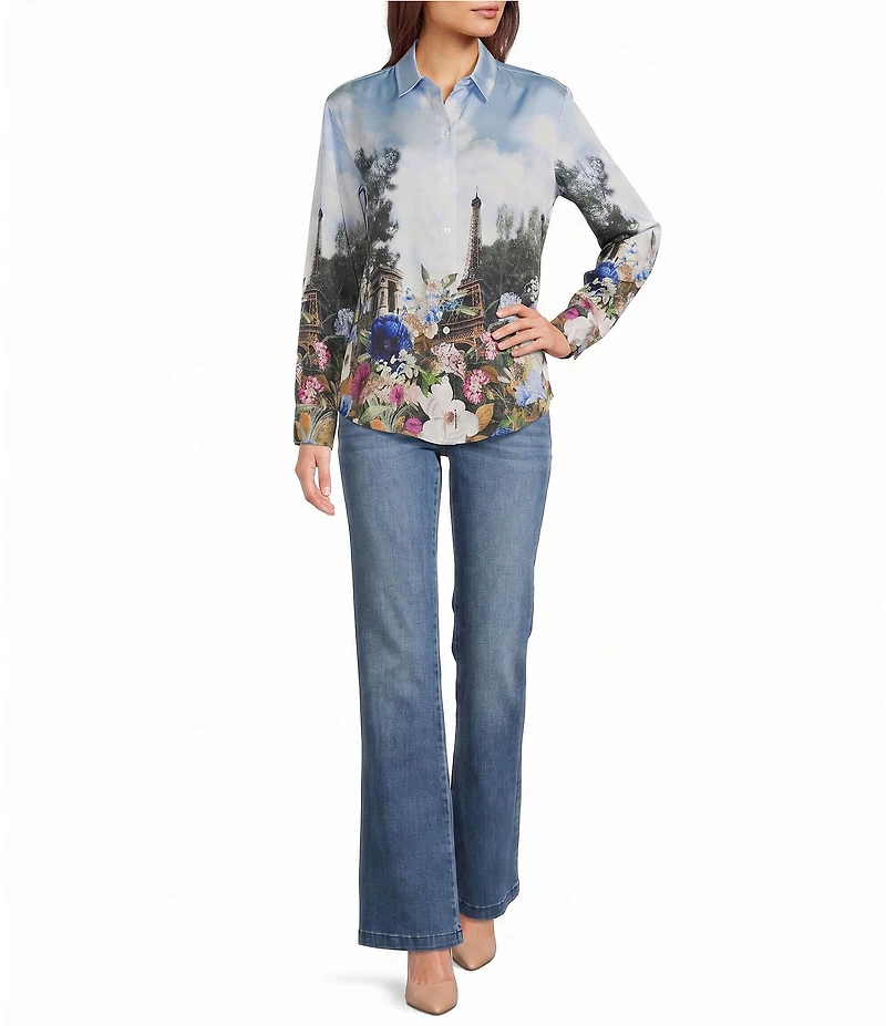 KARL LAGERFELD PARIS Satin Back Crepe Scenic Print Point Collar Long Sleeve Shirt