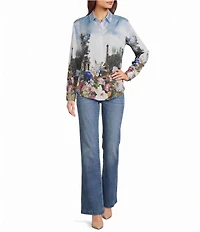 KARL LAGERFELD PARIS Satin Back Crepe Scenic Print Point Collar Long Sleeve Shirt