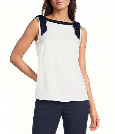 KARL LAGERFELD PARIS Satin Boat Neck Sleeveless Bow Tank Top