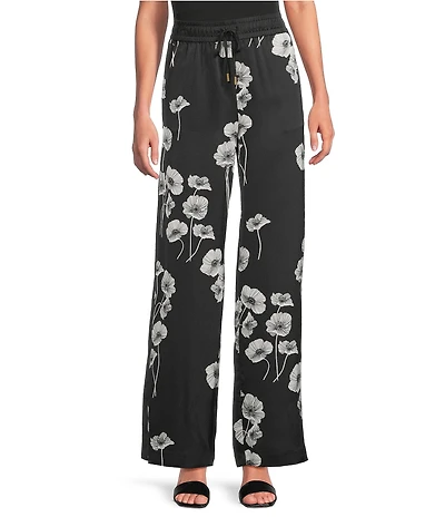 KARL LAGERFELD PARIS Satin Crepe Floral Print Wide Leg Coordinating Pants