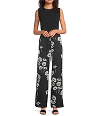 KARL LAGERFELD PARIS Satin Crepe Floral Print Wide Leg Coordinating Pants