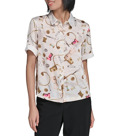 KARL LAGERFELD PARIS Satin Crepe Point Collar Short Sleeve Camp Shirt