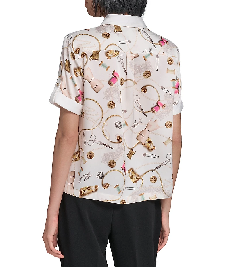 KARL LAGERFELD PARIS Satin Crepe Point Collar Short Sleeve Camp Shirt