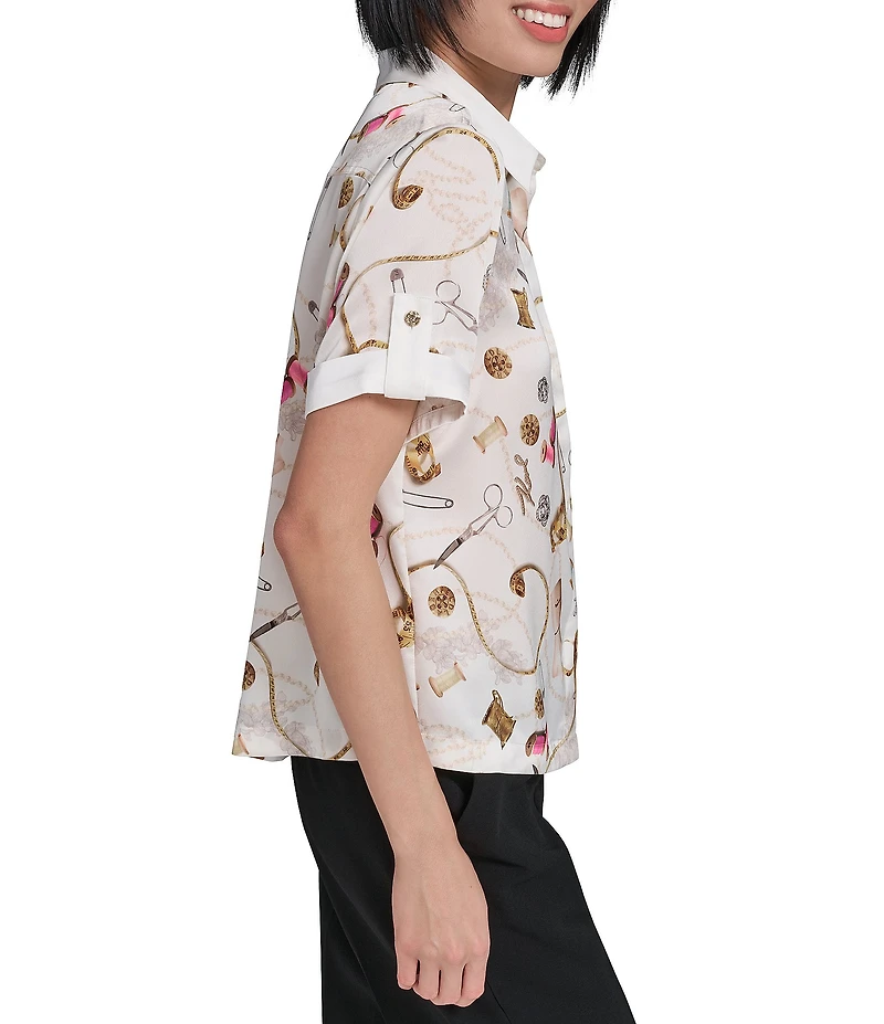 KARL LAGERFELD PARIS Satin Crepe Point Collar Short Sleeve Camp Shirt