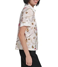 KARL LAGERFELD PARIS Satin Crepe Point Collar Short Sleeve Camp Shirt