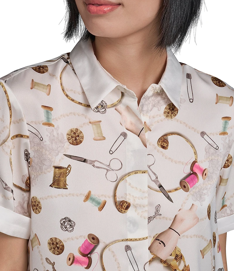 KARL LAGERFELD PARIS Satin Crepe Point Collar Short Sleeve Camp Shirt