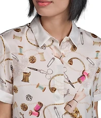 KARL LAGERFELD PARIS Satin Crepe Point Collar Short Sleeve Camp Shirt