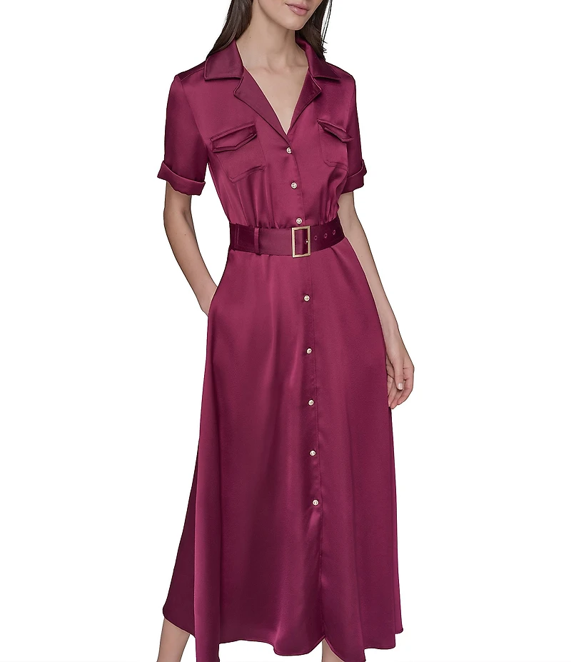 KARL LAGERFELD PARIS Satin Crepe Short Sleeve Shirtdress
