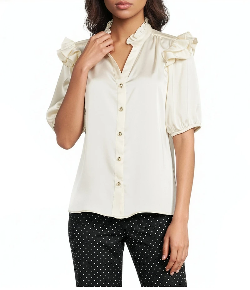 KARL LAGERFELD PARIS Satin Crepe V-Neck Short Sleeve Blouse