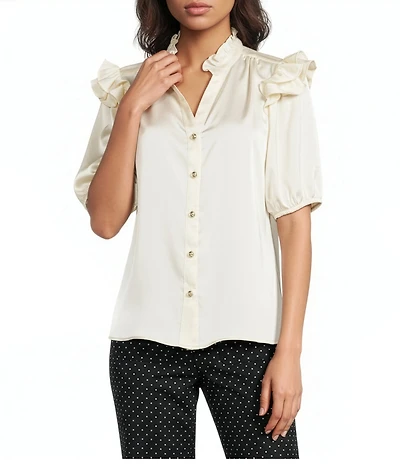 KARL LAGERFELD PARIS Satin Crepe V-Neck Short Sleeve Blouse