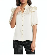 KARL LAGERFELD PARIS Satin Crepe V-Neck Short Sleeve Blouse